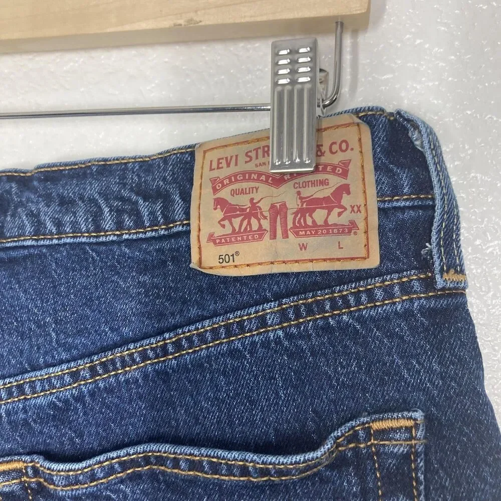 Levis 501 Shorts womens 33 Blue Denim Jean Button Fly Stretch Bermuda Casual